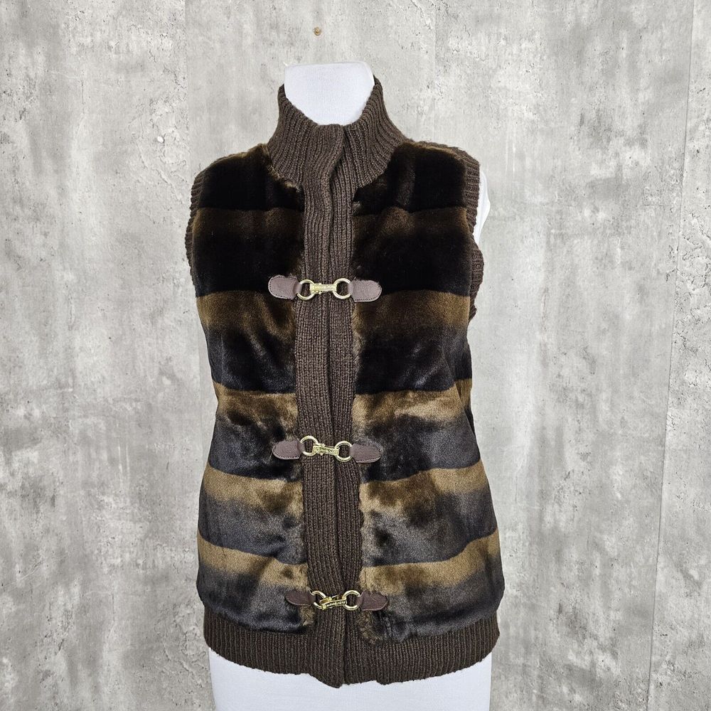 MICHAEL KORS Womens L Chocolate Faux Fur Knit‎ Subtle Stripe Vest Gold Buckles